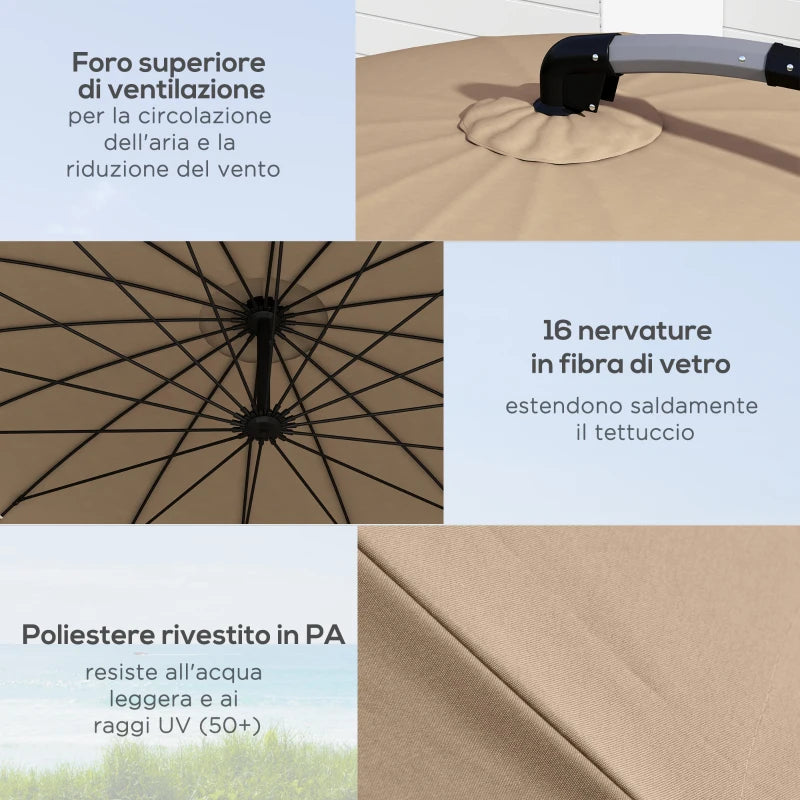 Outsunny Ombrellone da Giardino Decentrato 2.7m Apertura a Manovella e 16 Stecche in Fibra di Vetro, Cachi