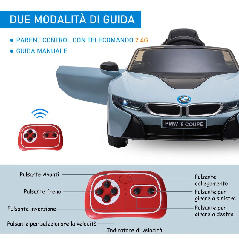 HOMCOM Macchina Elettrica per Bambini 3-8 anni Licenza BMW I8 Coupé con Telecomando e 2 Porte, 115x72.5x46 cm, Blu