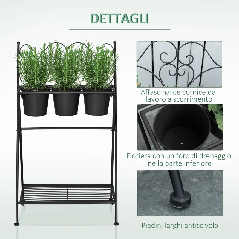 Outsunny Portapiante in Metallo Pieghevole con 3 Vasi e Ripiano Inferiore per Casa e Giardino, 47x37x78.5cm, Nero