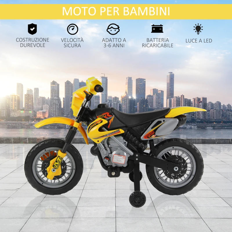 HOMCOM Moto Elettrica per Bambini 3 anni e Più, Moto Cross Elettrica con Rotelle, Batteria 6V Velocità 2.5km/h, 102 x 53 x 66cm, Giallo