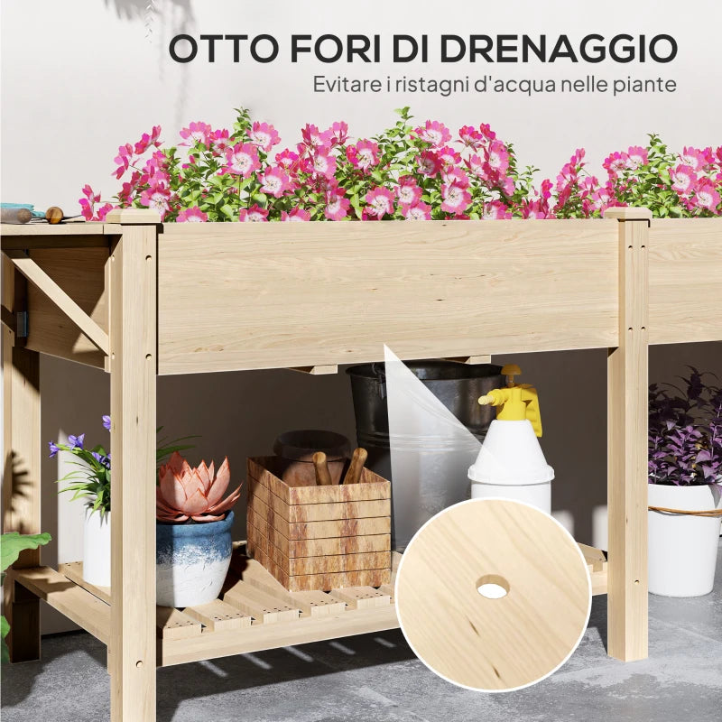 Outsunny Fioriera Rialzata con Tavolino Laterale e Ripiano Porta Attrezzi Inferiore, in Legno di Abete, 207x59x78 cm