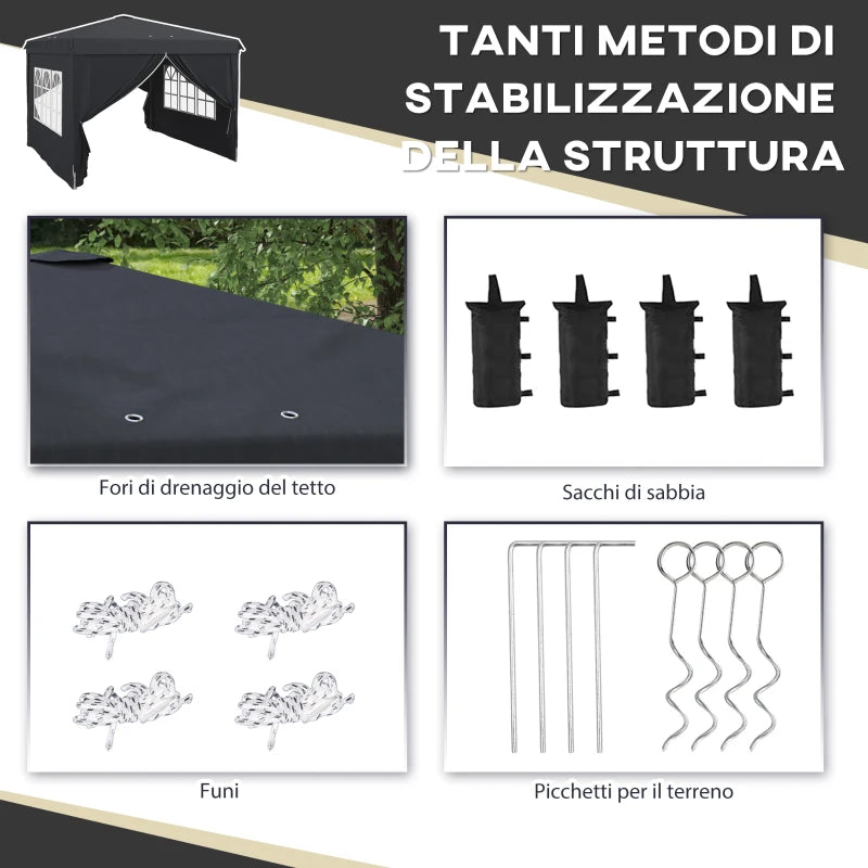 Outsunny Gazebo 3x3 ad Altezza Regolabile con Fori di Drenaggio e Borsa da Trasporto, in Metallo, Grigio