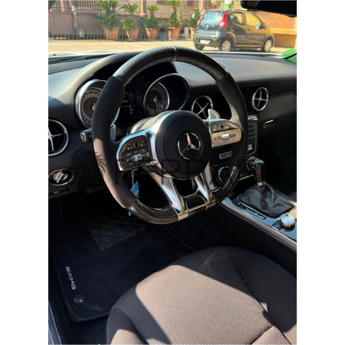 Volante per Mercedes, Carbonio Diagonale, Etichetta Pelle Nera, Filo Nero, Galvanica, AMG