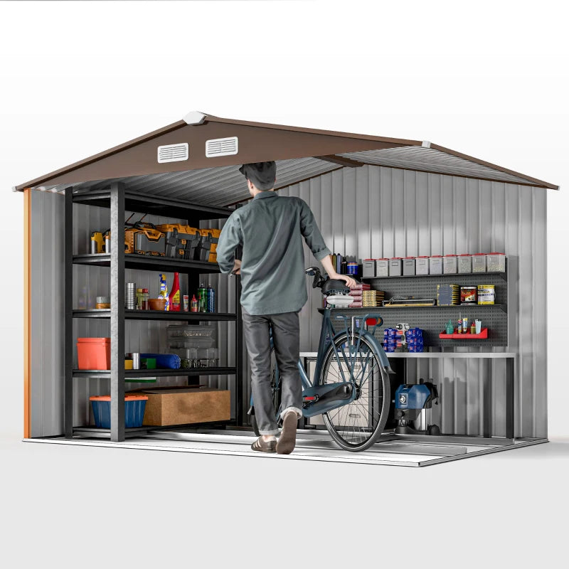 Outsunny Capanno per Attrezzi 4.9m² con Fondazione, 4 Prese d'Aria e 2 Porte Scorrevoli in Acciaio, 277x195x192cm, Giallo