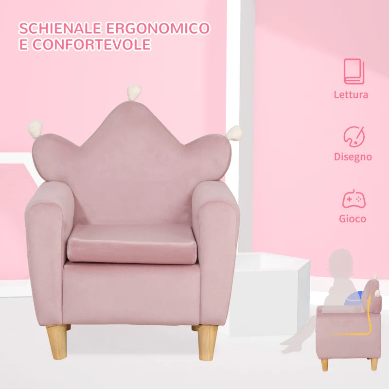 HOMCOM Poltrona per Bambini in Tessuto Effetto Velluto Rosa con Schienale a Corona, 50.2x41.9x57.8 cm