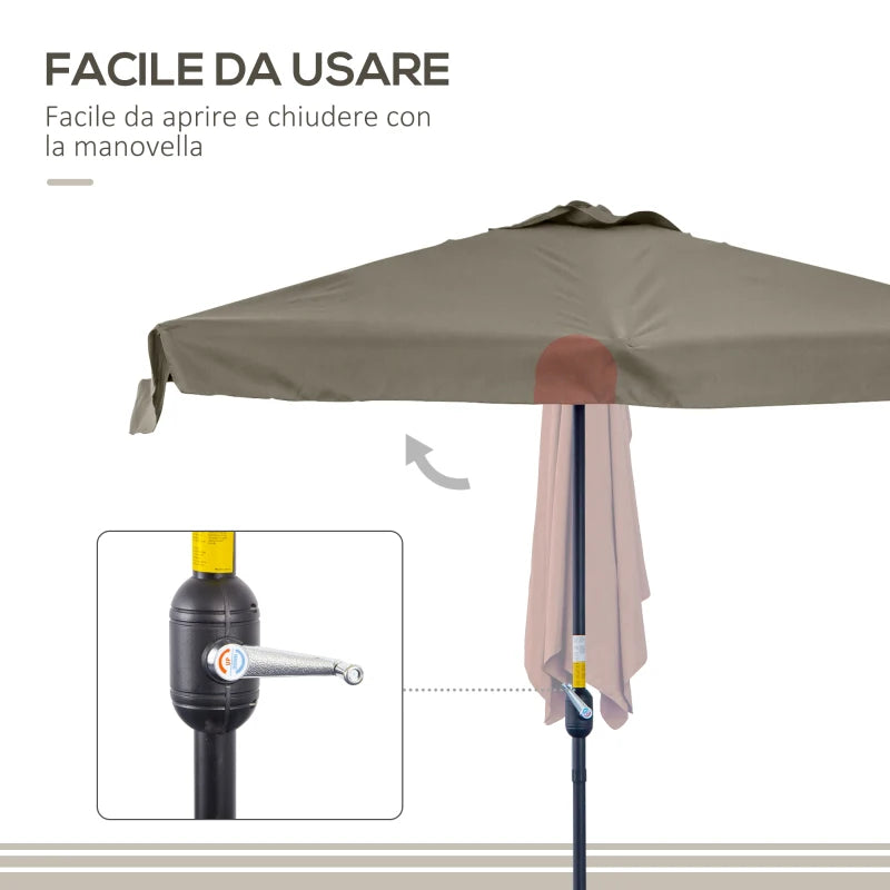 Outsunny Ombrellone Semicircolare 2.3x1.3 m da Terrazza e Giardino per Parete con Manovella, Caffè