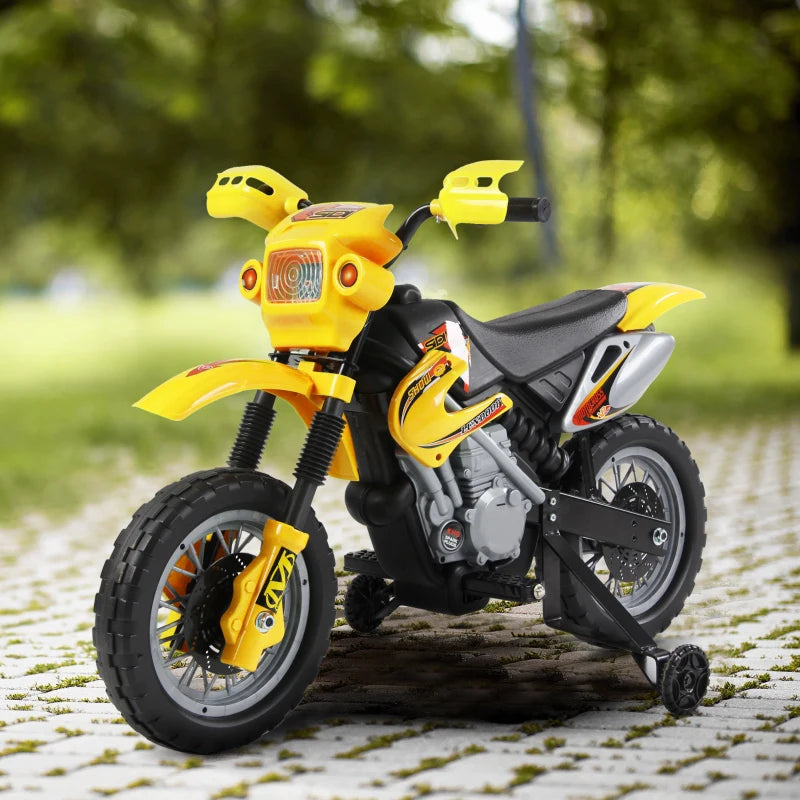 HOMCOM Moto Elettrica per Bambini 3 anni e Più, Moto Cross Elettrica con Rotelle, Batteria 6V Velocità 2.5km/h, 102 x 53 x 66cm, Giallo