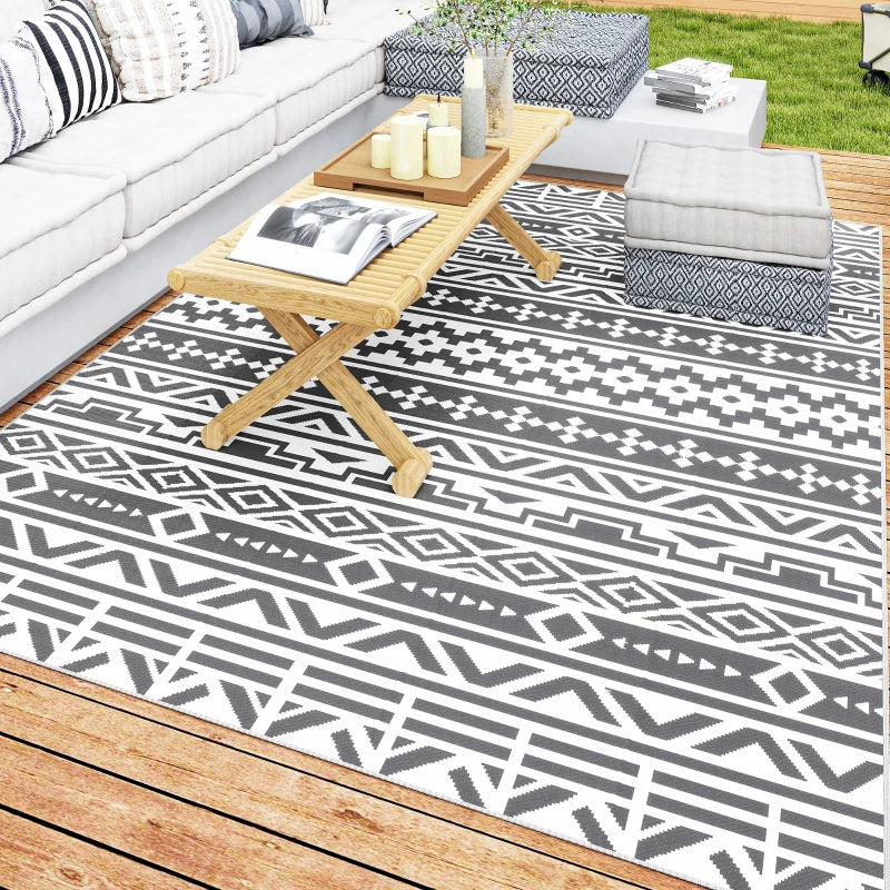 Outsunny Tappeto da Esterno Reversibile con Motivo Geometrico e Borsa Inclusa, 182x274 cm, Grigio e Bianco