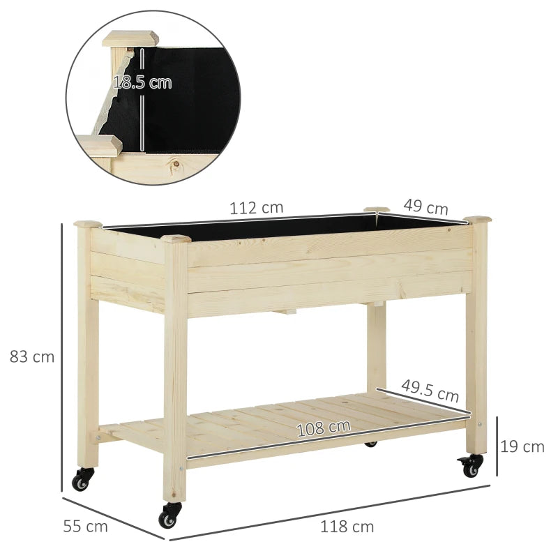 Outsunny Letto per Orto Rialzato in Legno con Rotelle e Ripiano Inferiore, 118x55x83cm, Legno Naturale