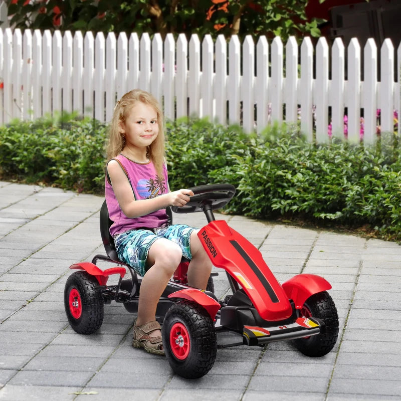HOMCOM Go Kart a Pedali per Bambini 5-12 Anni con Sedile Regolabile e Freno a Mano, 121x58x61 cm, Rosso