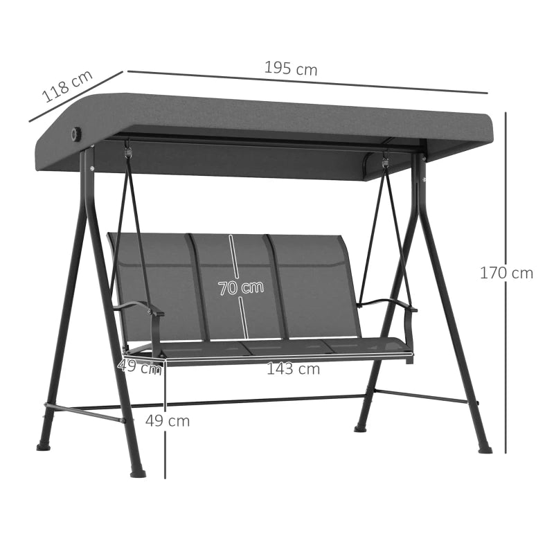 Outsunny Dondolo da Giardino 3 Posti con Tettuccio Parasole Regolabile, 195x118x170 cm, Grigio Scuro
