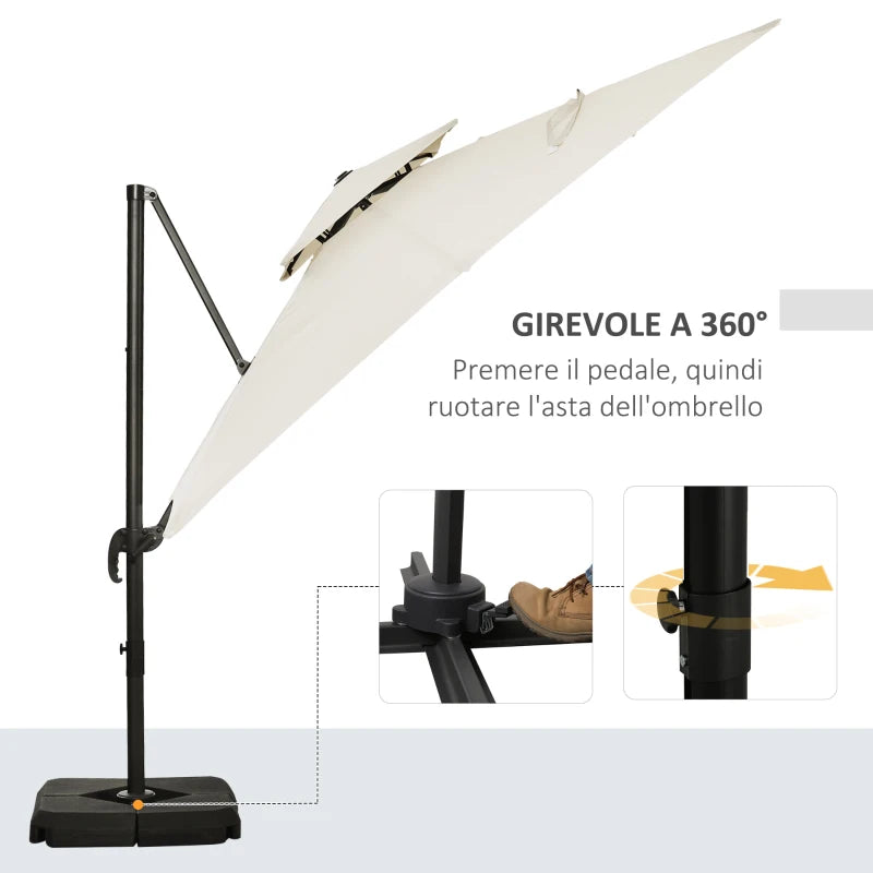 Outsunny Ombrellone a Sbalzo a Doppia Copertura con Manovella, Base a Croce e Pesi, 268x268x265 cm, Beige