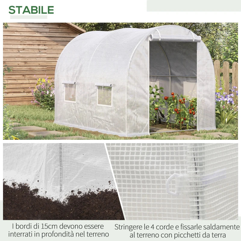 Outsunny Serra a Tunnel con 4 Finestrelle e Ingresso a Zip in Acciaio Zincato e PE, 3x2x1.9 m, Bianco