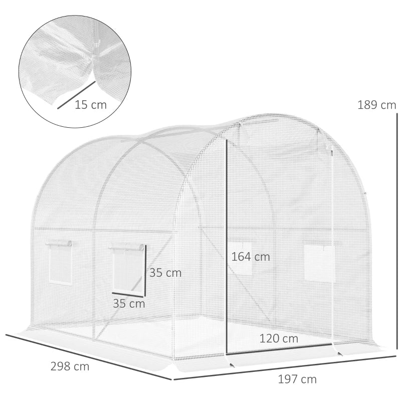 Outsunny Serra a Tunnel con 4 Finestrelle e Ingresso a Zip in Acciaio Zincato e PE, 3x2x1.9 m, Bianco