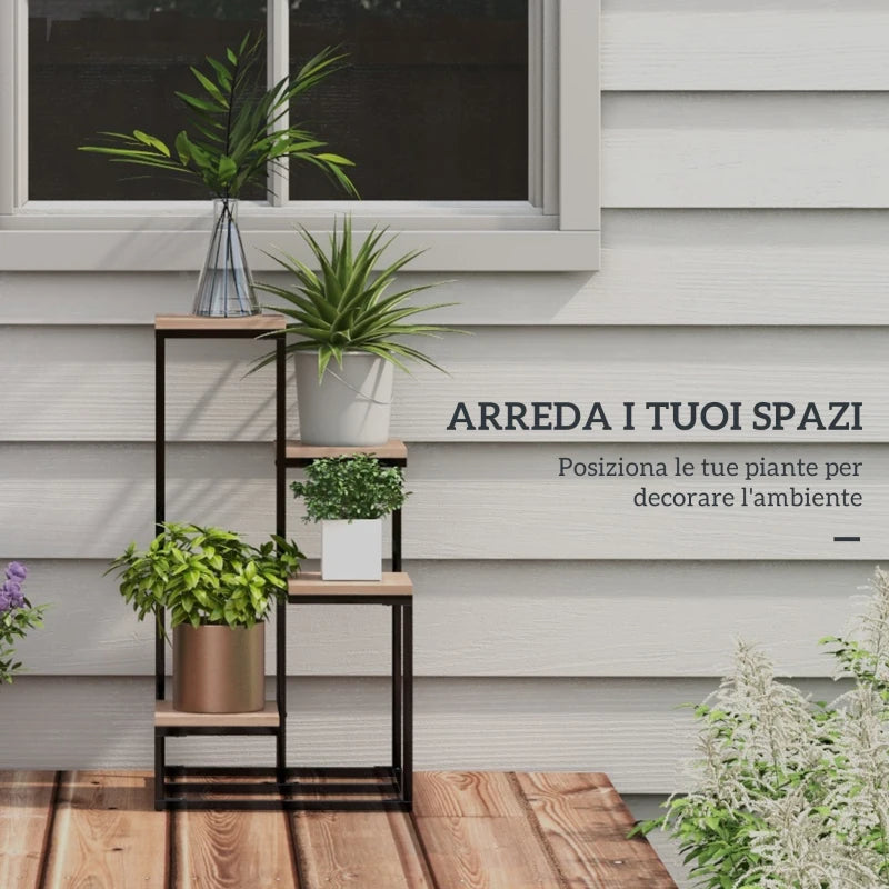 Outsunny Scaffale per Piante a 4 Livelli in Acciaio e Legno, 40x40x75.5 cm, Marrone e Nero