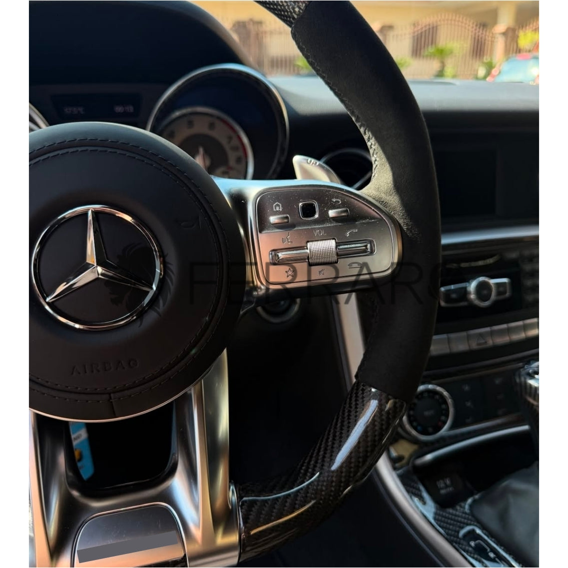 Volante per Mercedes, Carbonio Diagonale, Etichetta Pelle Nera, Filo Nero, Galvanica, AMG