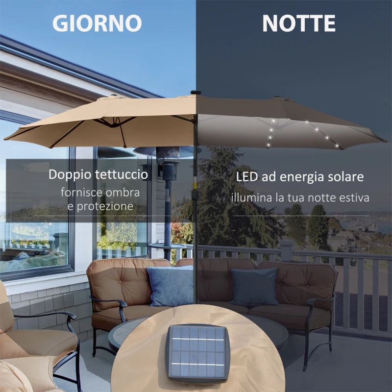 Outsunny Ombrellone da Giardino Doppio 4.5m con 48 Luci LED e Manovella, Cachi