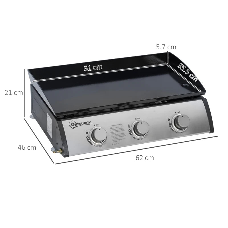 Outsunny Piastra Barbecue a Gas Antiaderente da Tavolo con 3 Bruciatori da 3kW, 62x46x21cm, Nero