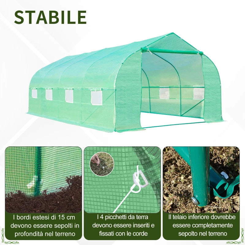 Outsunny Serra a Tunnel con 8 Finestrelle Laterali e Ingresso Avvolgibile, in PE e Acciaio, 6x3x2 m, Verde