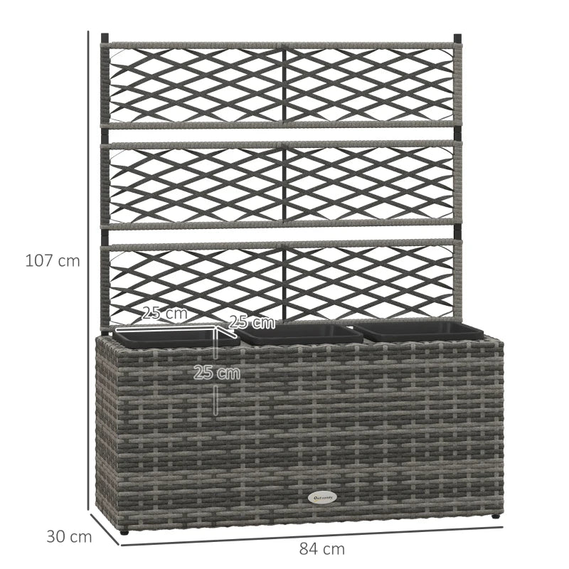 Outsunny Fioriera con Grigliato per Rampicanti con 3 Vasi in Acciaio e Rattan PE, 84x30x107cm, Grigio