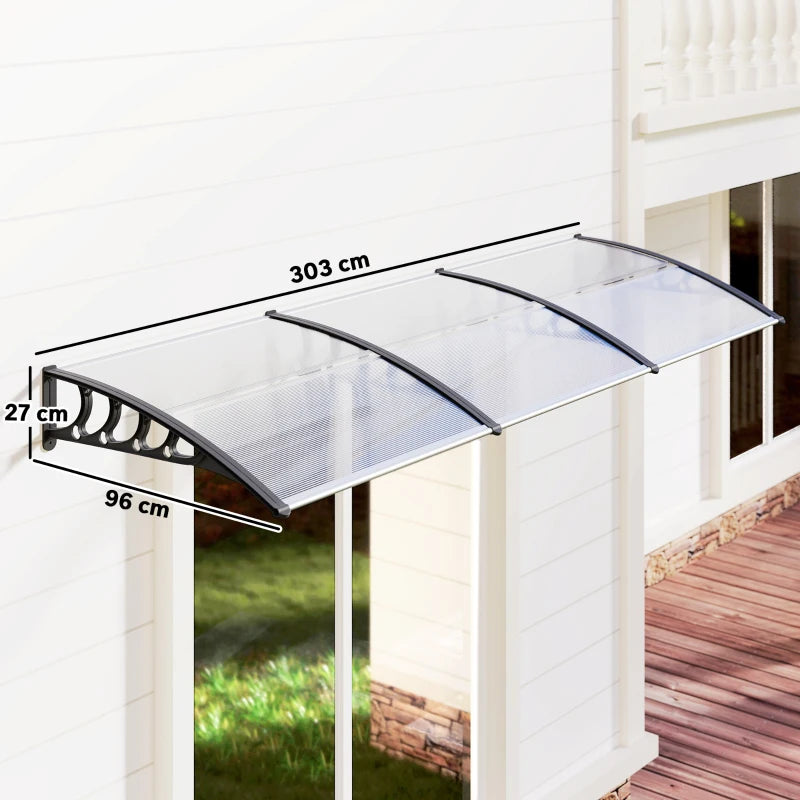 Outsunny Tettoia Moderna in Policarbonato, Alluminio e PP per Balconi, Finestre e Porte, 303x96x27 cm, Nera e Trasparente