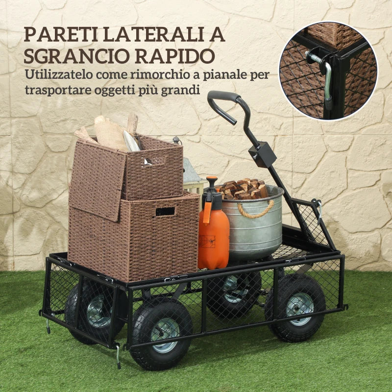 Outsunny Carrello da Giardino in Acciaio da 114L con Sacca Portaoggetti e Pareti Rimovibili, 105x51x54 cm, Nero