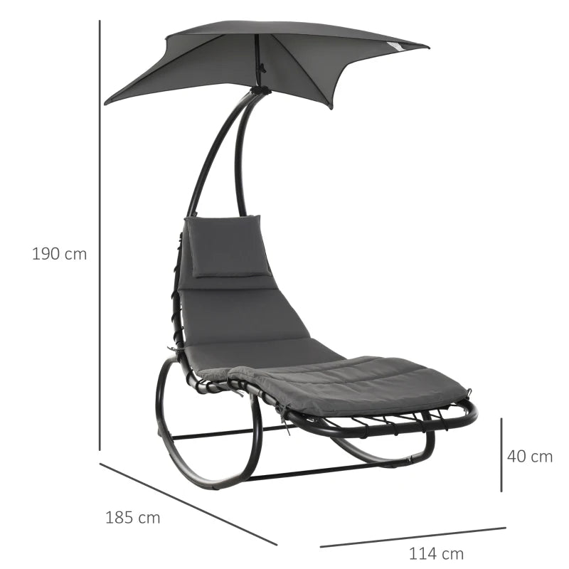 Outsunny Lettino a Dondolo da Giardino, Sdraio Prendisole, Sedia a Dondolo per Esterno con Seduta Imbottita e Tettuccio Grigio 185x114x190cm