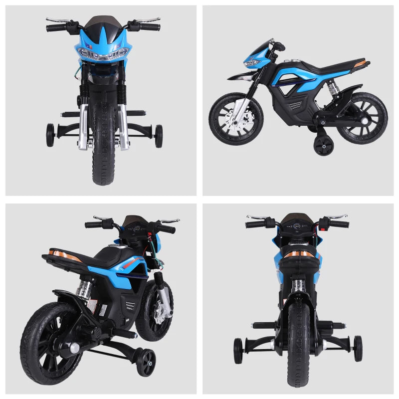 HOMCOM Moto Elettrica per Bambini da 6V con Rotelle e Fari, in PP e Metallo, 105x52.3x62.3 cm, Azzurro e Nero