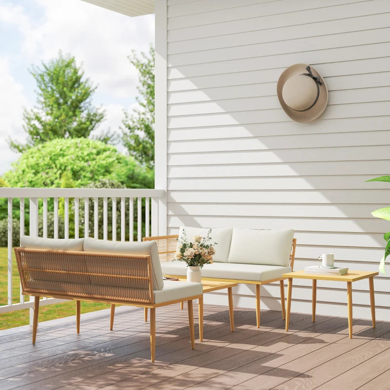 Outsunny Set Salotto da Esterno in Rattan PE con 2 Divani a 2 Posti con Cuscini e 2 Tavoli da Caffè, Colore Legno
