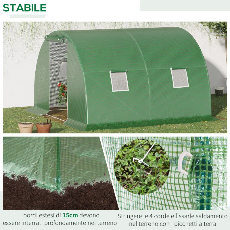 Outsunny Serra a Tunnel da Esterno 3x3x2m con Copertura in PE, Porta con Cerniera e 4 Finestre, Verde
