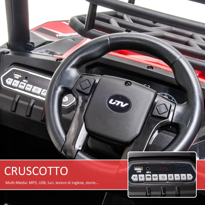 HOMCOM Macchina Elettrica per Bambini 12V, Velocità 3-6km/h, Quad Elettrico Mini con Doppio Motori, USB, Lettore MP3 e Telecomando, 118x76x104cm, Rosso e Nero
