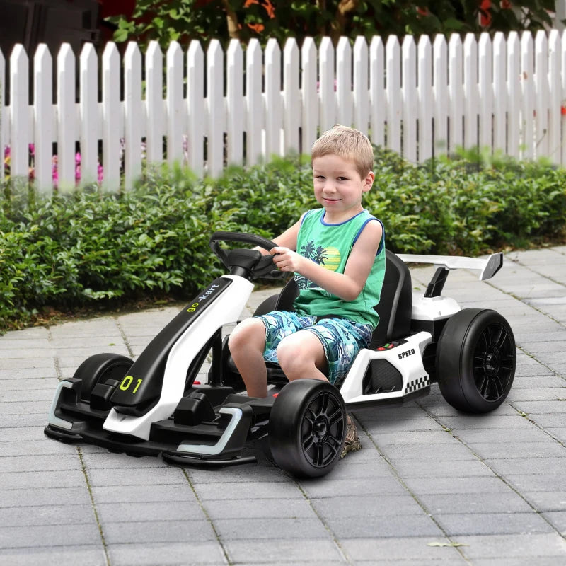 HOMCOM Go Kart Elettrico per Bambini 6-12 Anni 24V 12km/h con Seggiolino Regolabile, Bianco