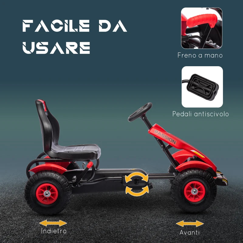 HOMCOM Go Kart a Pedali per Bambini 5-12 Anni con Sedile Regolabile e Freno a Mano, 121x58x61 cm, Rosso
