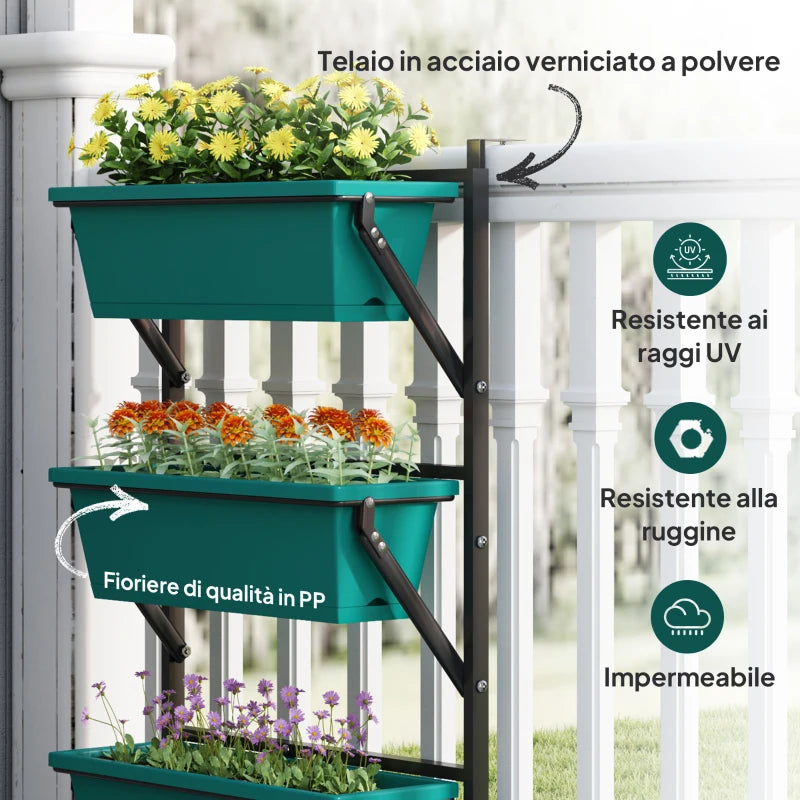 Outsunny Fioriera da Esterno Verticale e 3 Vasi per Piante in Plastica con Fori di Drenaggio, 56x42x100 cm, Verde