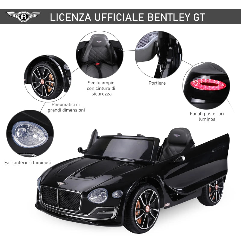 HOMCOM Macchina Elettrica per Bambini Bentley GT 6V, con Doppi Motori, Auto Elettrica per Bambini con Telecomando, Clacson, Suoni, Fari e 2 Portiere Apribili, 2.5-5 km/h, per 3-5 Anni, Nero