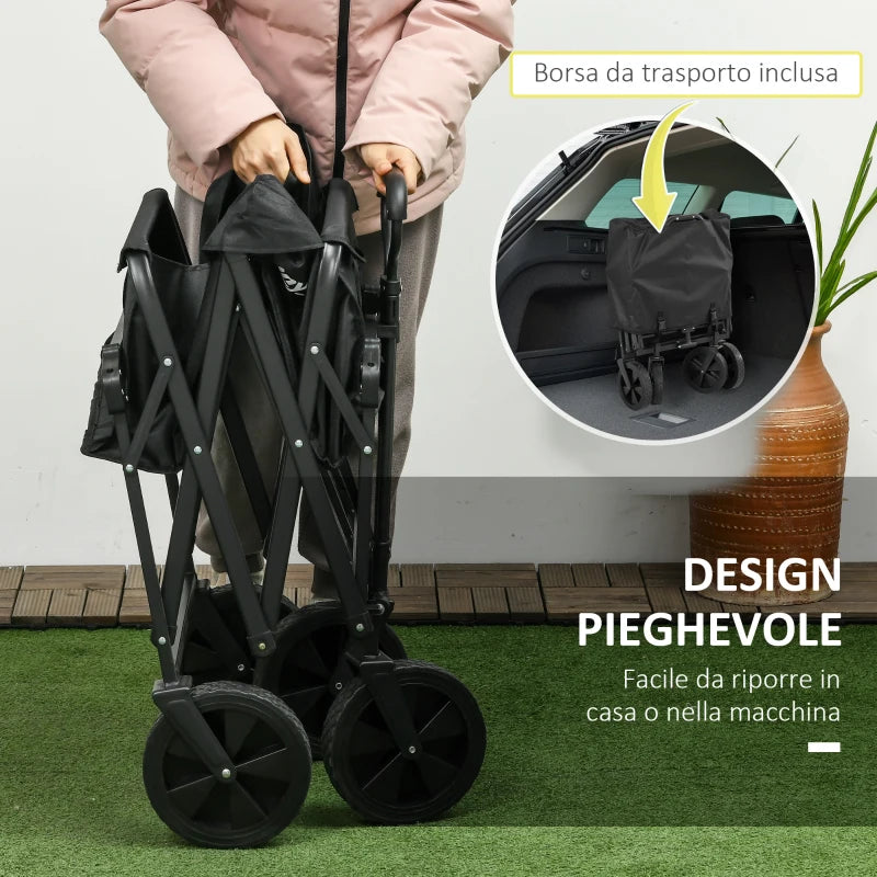 Outsunny Carrello da Giardino 110L con Maniglia Telescopica e Tettuccio in Acciaio e Tessuto Oxford, Nero