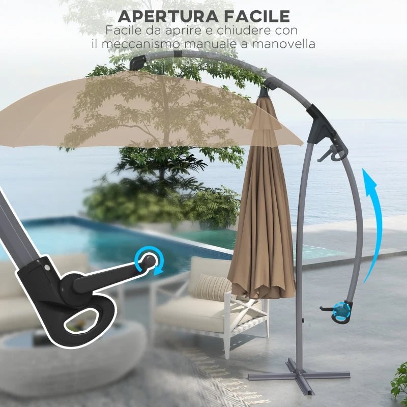 Outsunny Ombrellone da Giardino Decentrato 2.7m Apertura a Manovella e 16 Stecche in Fibra di Vetro, Cachi