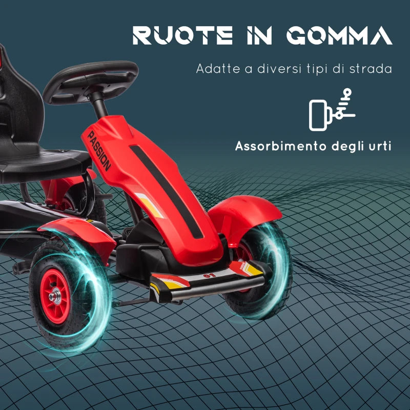 HOMCOM Go Kart a Pedali per Bambini 5-12 Anni con Sedile Regolabile e Freno a Mano, 121x58x61 cm, Rosso