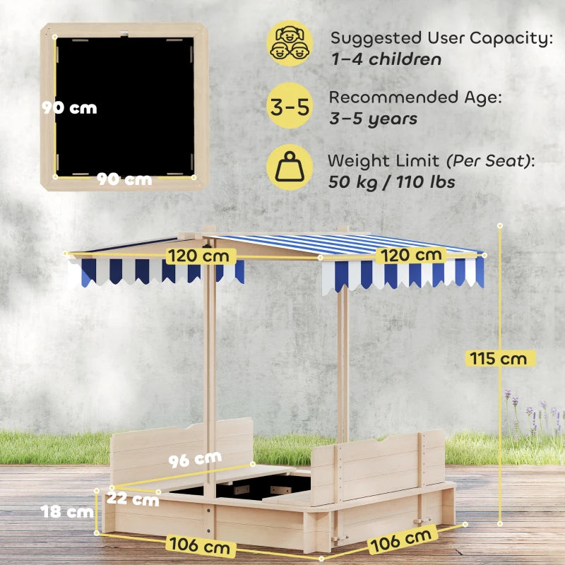 Outsunny Sabbiera per Bambini in Legno con Tettuccio Parasole, Panca e Coperchio, 106x106x115 cm Bianco e Blu