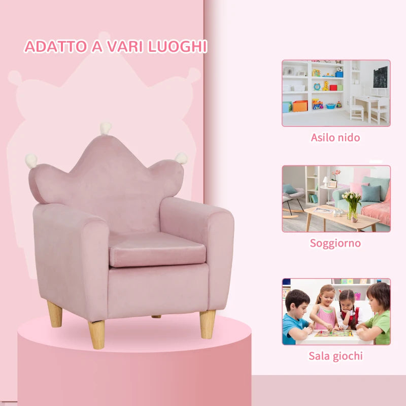 HOMCOM Poltrona per Bambini in Tessuto Effetto Velluto Rosa con Schienale a Corona, 50.2x41.9x57.8 cm