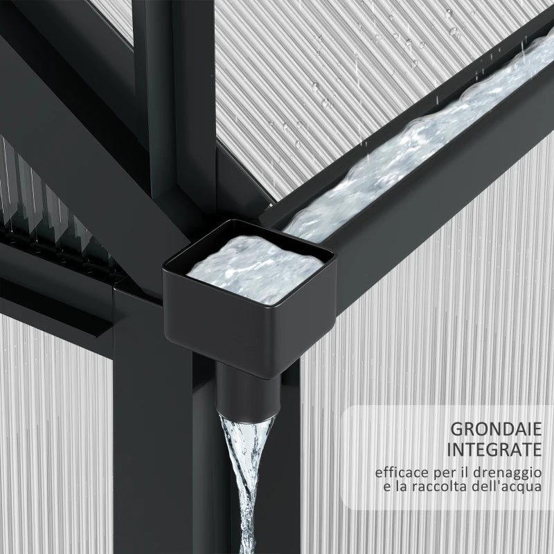 Outsunny Serra in Policarbonato e Alluminio con Porta Scorrevole, Presa d'Aria e Grondaia, 1.9x1.9x2m, Grigio