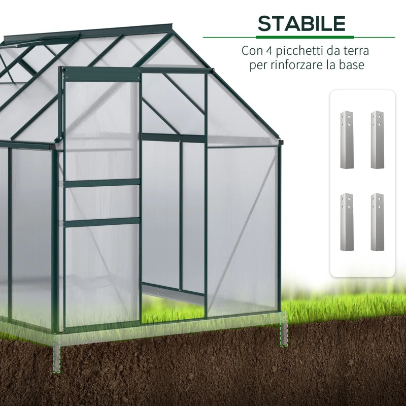 Outsunny Serra da Giardino in Policarbonato, Metallo e Alluminio, Anti-UV e Antivento, 190x253x199cm, Verde
