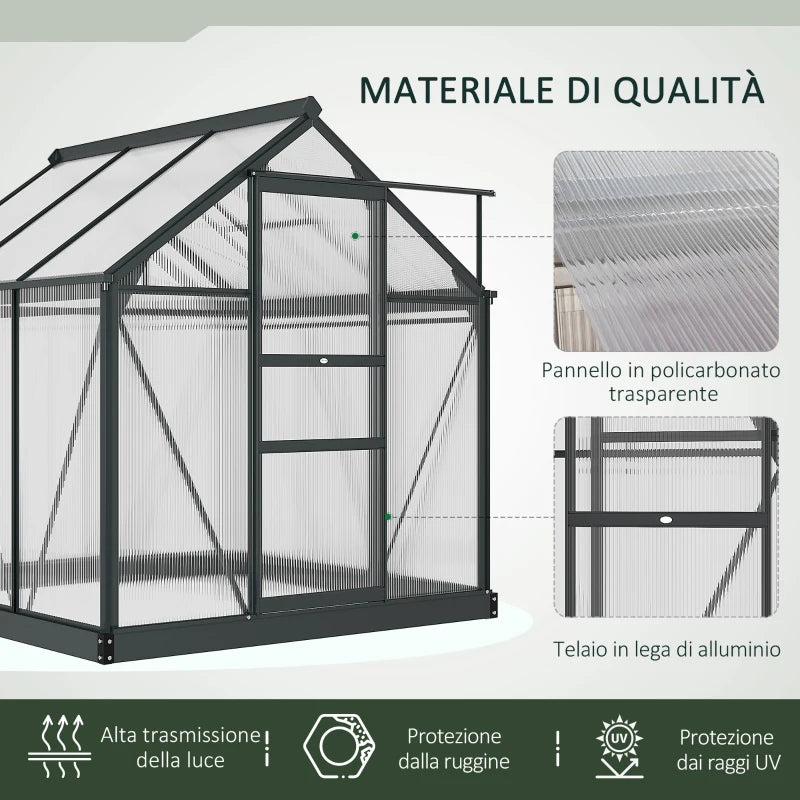Outsunny Serra in Policarbonato e Alluminio con Porta Scorrevole, Presa d'Aria e Grondaia, 1.9x1.9x2m, Grigio