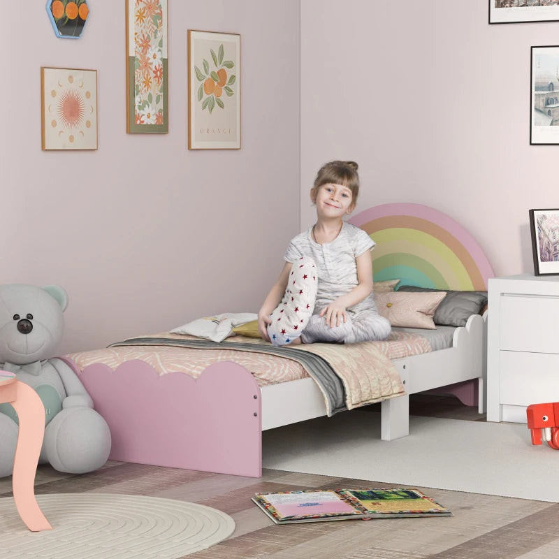 ZONEKIZ Lettino per Bambini 3-6 Anni con Sponde Laterali Anticaduta in MDF, 143x74x66 cm, Bianco e Rosa