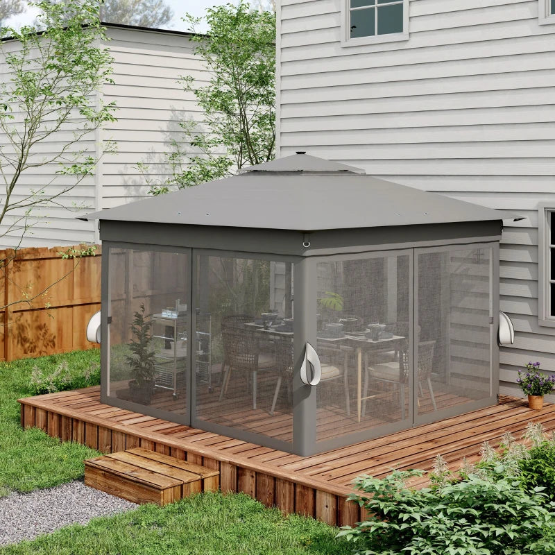 Outsunny Gazebo da Giardino ad Altezza Regolabile con Luci LED, in Acciaio e tessuto Oxford, 336x336x250-270 cm, Grigio