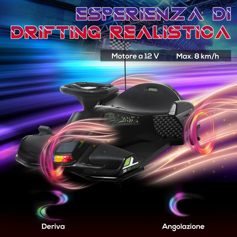 HOMCOM Go Kart Elettrico per Bambini 8-12 Anni Velocità 3-8 km/h per Drifting con Luci e Musica, Nero