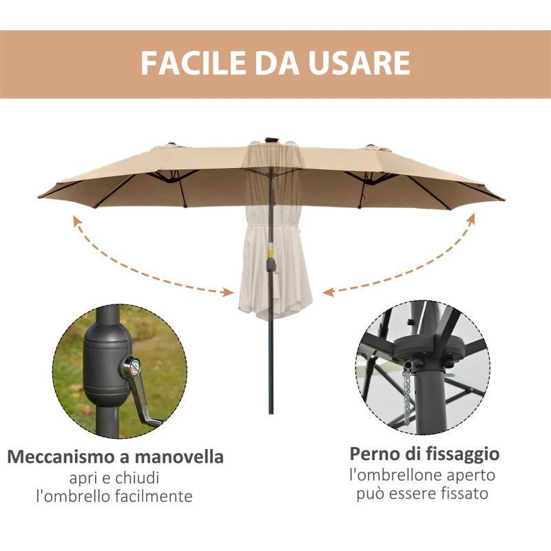 Outsunny Ombrellone da Giardino Doppio 4.5m con 48 Luci LED e Manovella, Cachi