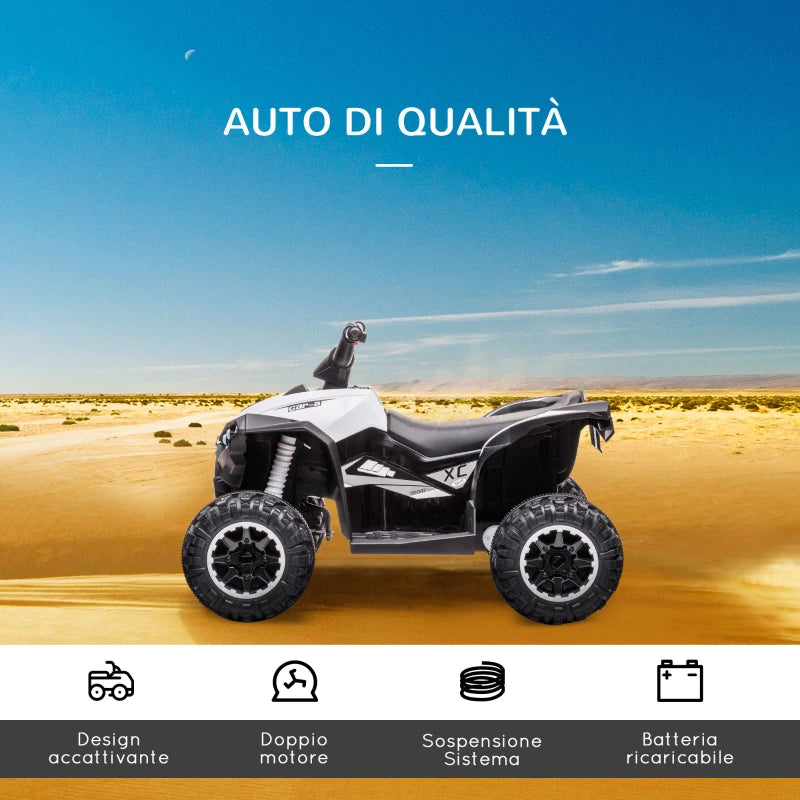 HOMCOM Quad per Bambini 3-5 Anni Elettrico 12V, 2 Velocità, Ruote Larghe con Clacson e Fari LED, Bianco