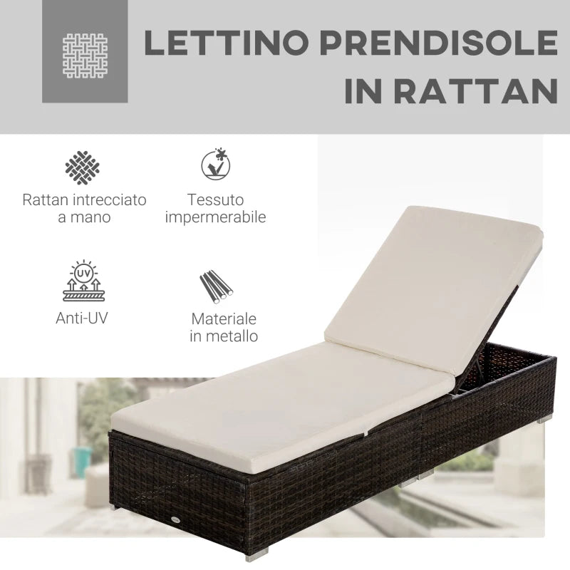 Outsunny Lettino Prendisole in Rattan PE con Schienale Reclinabile su 5 Posizioni, 195x68x31cm, Marrone