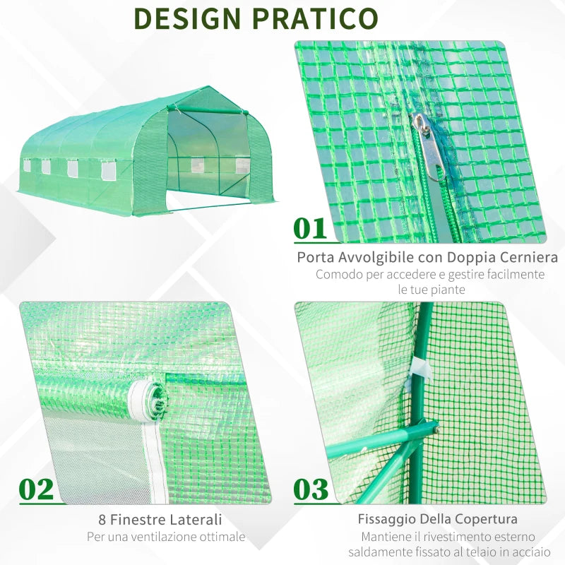 Outsunny Serra a Tunnel con 8 Finestrelle Laterali e Ingresso Avvolgibile, in PE e Acciaio, 6x3x2 m, Verde